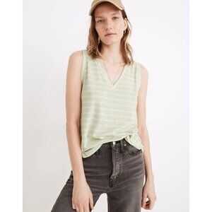 Madewell Whisper Cotton V-Neck Striped Tank Top in Faded Seagrass Size Large